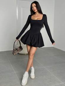 SHEIN PETITE CURVE Plus Size Solid Color Mesh Patchwork Sheer Sexy Square Neck Long Sleeve Dress,Black Dress , Elegant Dresses For Ladies, Date Night Outfit Curve, Curve Birthday Outfit, Black Dress Long Sleeve, Dress Black,, Sexy Elegant Dress, Going Out Outfits, Dress For Wedding Guest , Elegant Party Dresses For Women , Carnival Costume For Women , Valentine's Day Outfit , Spring Outfit - Black - View 5