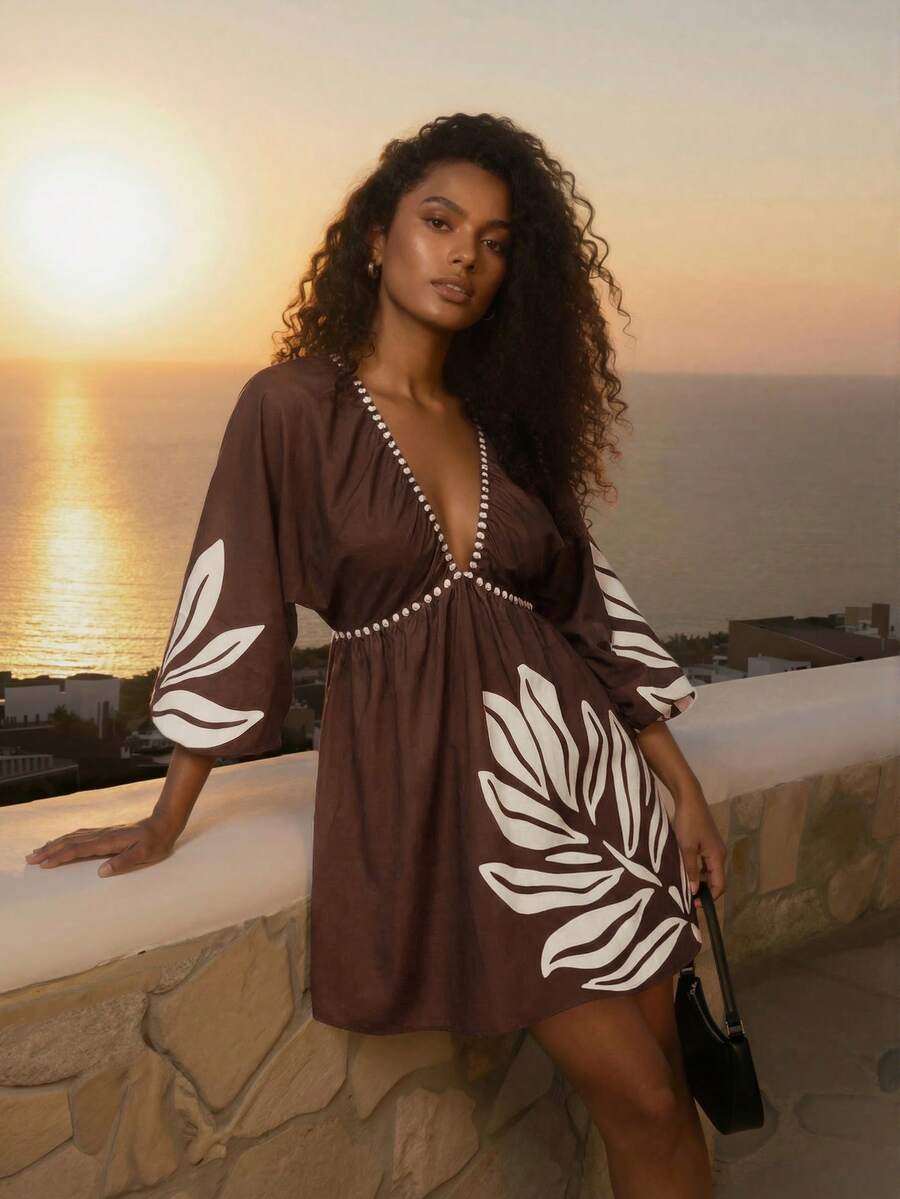 CAJUNI Women's Tropical Plant Print Deep V-Neck Lantern Sleeve Sexy Fashion Dress - Brown - View 1