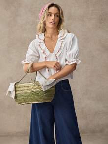 WESTFADE Mid Rise Elastic Waist Relaxed Wide Leg Ruffle Hem Ankle Length Bloomer Jeans - Dark Wash - View 5