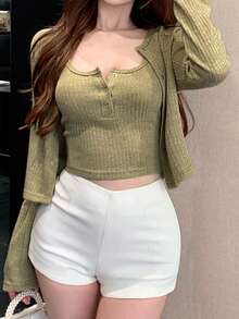 DAZY 2pcs Women Autumn/Winter Fashion Brown Fuzzy Fitted Crop Top & Cardigan Set - Dark Green - View 8