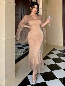DAZY Robe mi-longue élégante et slim pour le travail, avec volants en maille transparente et manches évasées. Convient pour un mariage, la Saint-Valentin ou une robe d'été. - Nude - Voir 5