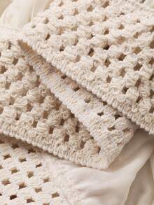 Livesso Spring & Summer Ditsy Floral Chiffon Off-Shoulder Blouse, Lace Patchwork Long Sleeve Casual Beach Vacation Shirt For Women - Beige - View 7