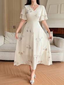 DAZY 女士优雅亮片花卉V领荷叶袖连衣裙，春夏婚礼宾客礼服/吊带裙 - 杏色 - 查看 4