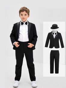 4-7 Years Old Boys 3 PiecesGentleman Suit Set, Including Long Sleeve Jacket, Pants And Detachable Bow Tie, Suitable For Birthday Party, Wedding, Christening, School And Other Occasions, Spring/Summer/Autumn/Winter - Black - View 1