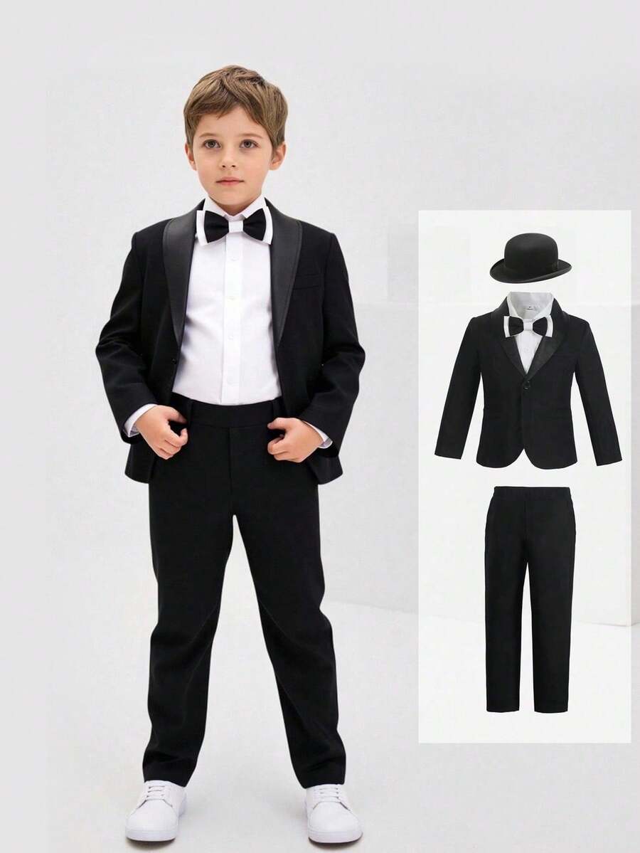 4-7 Years Old Boys 3 PiecesGentleman Suit Set, Including Long Sleeve Jacket, Pants And Detachable Bow Tie, Suitable For Birthday Party, Wedding, Christening, School And Other Occasions, Spring/Summer/Autumn/Winter - Black - View 1