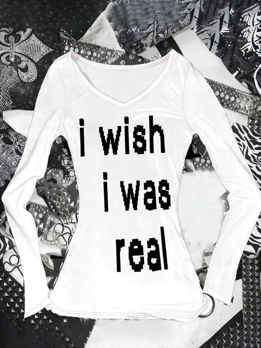 Glimmora Áo thun dài tay cổ chữ V in hình khẩu hiệu, cỡ lớn dành cho nữ, thích hợp mặc mùa thu. - trắng - Xem 1