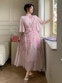 DAZY Women's Elegant Floral Print Ruched Tie Neck Flounce Sleeve Midi Dress, Spring/Summer