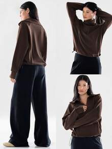 GLOWMODE 莫代尔面料，舒适超柔软顺滑，宽松版型，贴合身形，可调节下摆，拉链口袋，半拉链套头衫，日常休闲秋冬装。 - 棕色 - 查看 8