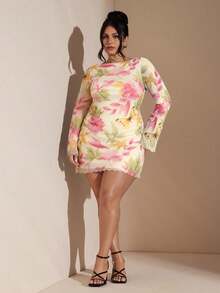 SHEIN BAE 大码女式长袖迷你连衣裙，秋冬款 - 米色 - 查看 6