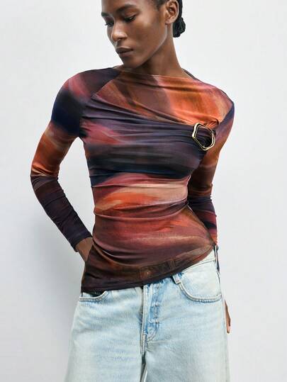 Maija Graphic Women's Tie-Dye Print Metallic Decor Fitted Fashionable Asymmetrical Top, Women's Long Sleeve Tops Spring Carnival Fitted Tops Women Valentine's Day Elegant Vacation Beach Spring To Summer