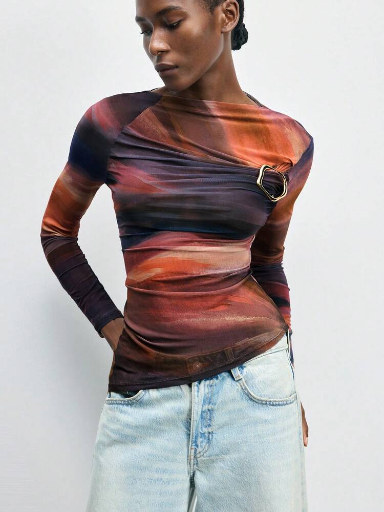 SHEIN Maija Graphic Women's Tie-Dye Print Metallic Decor Fitted Fashionable Asymmetrical Top, Women's Long Sleeve Tops Spring Carnival Fitted Tops Women Valentine's Day Elegant Vacation Beach Spring To Summer