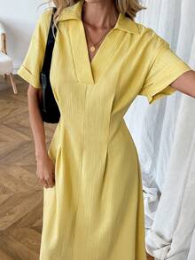 SHEIN LUNE Đầm ngắn tay xếp ly màu trơn dáng ôm dành cho nữ, trang phục cơ bản hàng ngày cho mùa xuân/hè. - Màu vàng ngỗng - Xem 7