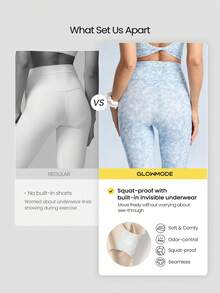 GLOWMODE 24" FeatherFit™ Crossover Leggings With Built-In Underwear Light Support Low Impact Yoga Daily Gym Valentine's Day - Blue and White - View 2