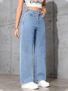 SHEIN EZwear 大码女式浅色水洗宽松高腰直筒牛仔裤，休闲显瘦 - 淺色水洗藍 - 查看 3