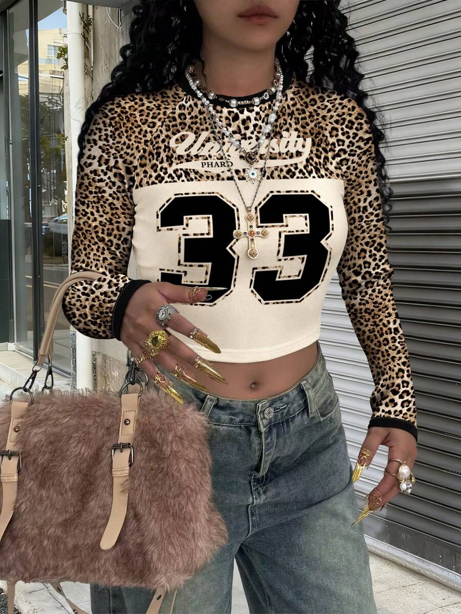 Rovax Women's Leopard Print & Numeric Graphic Fitted Cropped T-Shirt - Multicolor - View 1