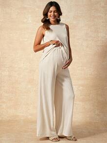 Boho Mama 两件套孕妇夏季休闲度假纯色背心和裤子套装 - 杏色 - 查看 3