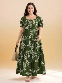 Momelise Đầm maxi dáng chữ A rộng rãi, tay ngắn, cổ vuông, in họa tiết, chất liệu vải dệt, thích hợp cho nữ, phù hợp mặc đi nghỉ mát, đi biển hoặc các dịp thường ngày, mang lại sự thoải mái và thanh lịch. Thích hợp cho mùa xuân và hè. - màu xanh lá - Xem 4