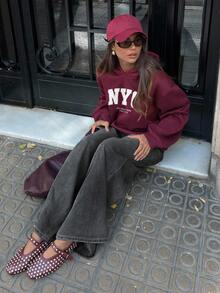 Aloruh Women's Autumn/Winter NYC Letter Print Casual Pullover Sweatshirt Sweatshirt, Loose Fit Pullover Hooded Sweatshirt, Fashionable & Versatile, Suitable For Street And Airport Wear, Autumn Carnival - Red Violet - View 8