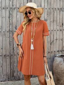 EMERY ROSE Women's Summer Casual Vacation Style Contrast Binding Short Sleeve Loose Dress From Spring To Summer Vacation Outfits Women Summer Holiday Outfits Holiday Dress Casual Dresses For Women Cotton Dress For Women Summer Dresses For Women Going Out Dress - Burnt Orange - View 7