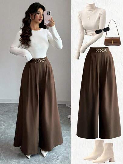 Elenzga بنطلون نسائي جديد ذو خصر عالي وسحاب جانبي وزخرفة أزرار، قطع واسعة للساق، كاجوال وأنيق للاستخدام اليومي، مناسب للربيع والخريف