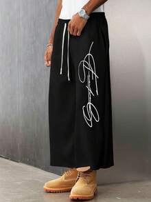 PAVTROS Men's Street-Style Popular INS Matching FREEDOM Embroidered Outdoor Music Festival Nightclub Boyfriend/Husband Gift Anniversary Gift Loose Fit Light Grey Sweatpants - Black - View 4