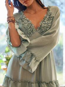 Lullawish 波西米亚风舒适时尚深V领荷叶边绿色女士睡裙 - 綠色 - 查看 5