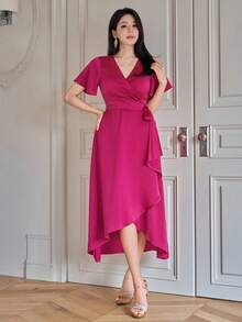 DAZY 缎面优雅长款裹身连衣裙，适合情人节、婚礼、派对、正式场合，时尚修身，通勤穿着，春夏连衣裙 - 玫紅色 - 查看 4