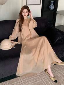 DAZY Spring & Summer Chiffon Blouse & Flared Skirt 2-Piece Set, Elegant Tie-Up Design, Suitable For Casual, Vacation, Beach, Wedding, Valentine's Day - Champagne - View 1