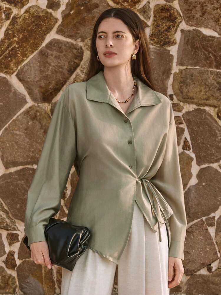 Women's Solid Color Drop Shoulder Long Sleeve Tie Waist Casual Shirt Business Casual Woman
