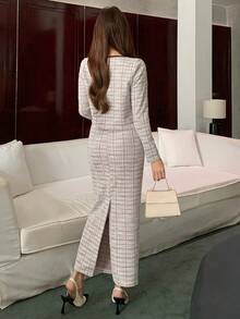 DAZY 春夏格子系带上衣和半裙套装，优雅百搭，适合情人节、婚礼、派对、时尚活动和通勤穿着。 - 藕粉色 - 查看 4