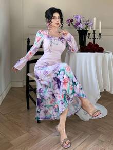 DAZY Đầm midi dáng đuôi cá tay phồng cổ vuông in hoa thanh lịch dành cho nữ, thích hợp làm đầm dự tiệc cưới mùa xuân/hè hoặc đầm mùa hè lễ Phục sinh. - Màu tím - Xem 1