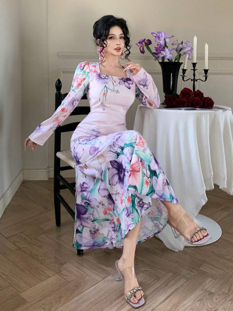Women's Elegant Floral Print Square Collar Puff Sleeve Fishtail Midi Dress, Spring/Summer Wedding Guest Dress Easter Sundress