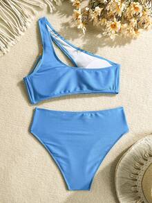Swim Basics Bikini cổ lệch với vòng kim loại màu trơn - Màu xanh lam - Xem 2