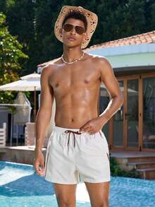 Manfinity VDAYZ Men's Beach Shorts With Drawstring Waistband And Front Drawstring Pockets. Simple And Casual, Perfect For Spring And Summer Vacations, Evoking A Mediterranean Or Hawaiian Beach Vibe. Men's Summer Vacation Contrast Trim Drawstring Waist Beach Shorts Men's Beach Shorts And Couple's Swimwear Couples Matching Swimwear Couple Bathing Suit Set His And Hers Swim Suit Sets Couples Swimsuits Sets