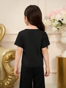 Elladie kids Young Girl Summer Casual Studded Decoration Short Sleeve T-Shirt Girls Black Short Sleeve Top Black Top With Pearls Shirts For Girls Black Girls Tops Party Girls Tops Short Sleeve Tshirts For Kid Girls Kids Girl Tops Kids Black Dresses Young Girls Clothes Blouses For Girls Cute Tops For Girls Kids Clothes For Girl T Shirts For Girls - Black - View 2