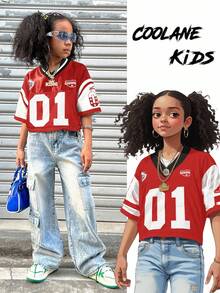 Coolane Kids 少女夏季派对/毕业/休闲/度假/街头风/Y2K/时尚闪亮透气网眼数字图案V领短款针织红色T恤 - 紅色 - 查看 8
