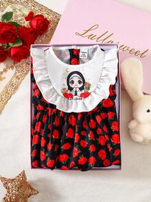 Perso Play Baby Girl Spring And Summer Black Color Princess-Sleeve Dress Color-Blocking Technique Large Ruffle Vivid Printed Patterns Baby Outfits For Girls Ootd Baby Girl Short Sleeve Dress Baby Girl Summer Dress Baby Girl Floral Print Dress Baby Girl Dress - Multicolor - View 7