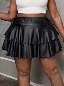 SHEIN PETITE CURVE 大码女式PU皮革多层下摆时尚百搭约会之夜休闲迷你裙 - 黑色 - 查看 9