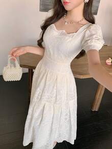 DAZY Women's Embroidered Puff Sleeve Midi Dress, Elegant Waist Cinched, Suitable For Dates And Parties Wedding Guest Dress - White - View 5