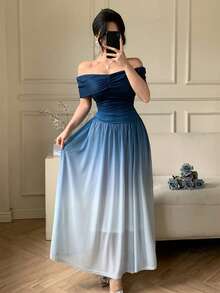 DAZY Women's Elegant Ombre Off-Shoulder Midi Dress, Summer Wedding Guest Dress Sundress - Blue - View 6