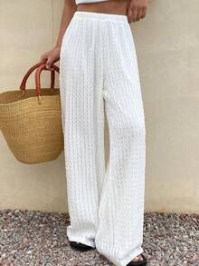Livesso Women's Perforated Textured Grid White Casual Pants, Loose Relaxed Beach Holiday Style, Straight Leg, Spring/Summer - White - View 5