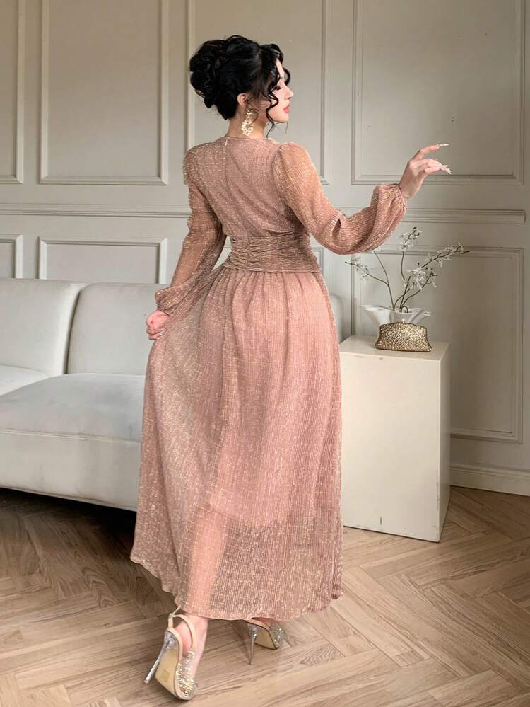 Women's Elegant Solid Color V-Neck Puff Sleeve Belted Dress, Spring/Summer Wedding Guest Dress Maxi Dress Sundress