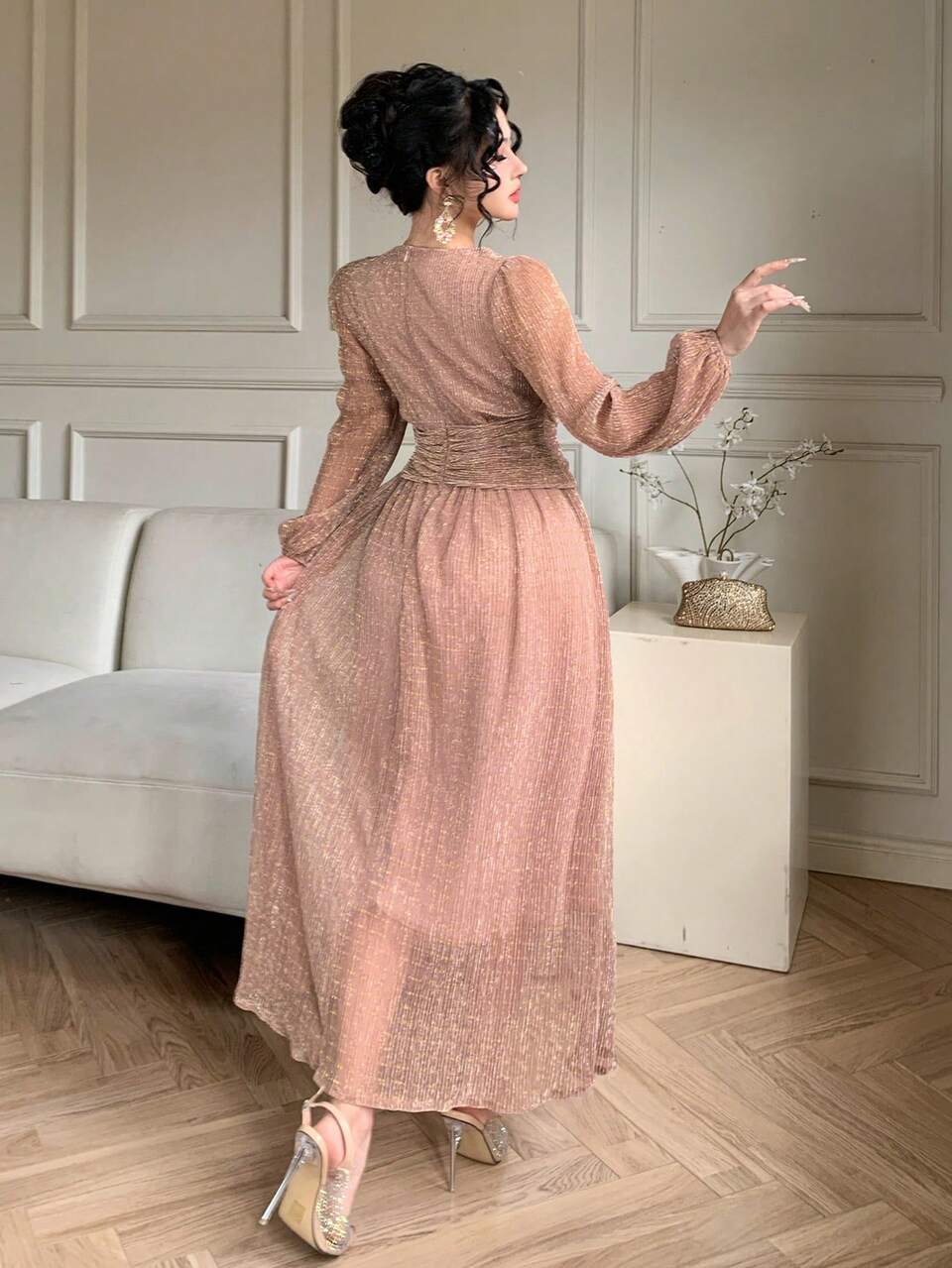 Women's Elegant Solid Color V-Neck Puff Sleeve Belted Dress, Spring/Summer Wedding Guest Dress Maxi Dress Sundress