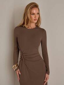 COSMINA Women's Elegant Long Sleeve Ruched Asymmetric Dress, Versatile For Commute, Office, Casual Wear, Autumn/Winter - Coffee - View 1