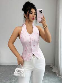 SHEIN Elenzya Áo tank top không tay ôm sát in họa tiết nơ và sọc dành cho nữ - Hồng - Xem 5