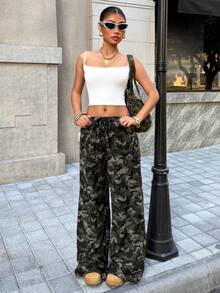 Muchica 女士时尚休闲迷彩针织阔腿裤 - 橄欖綠 - 查看 3