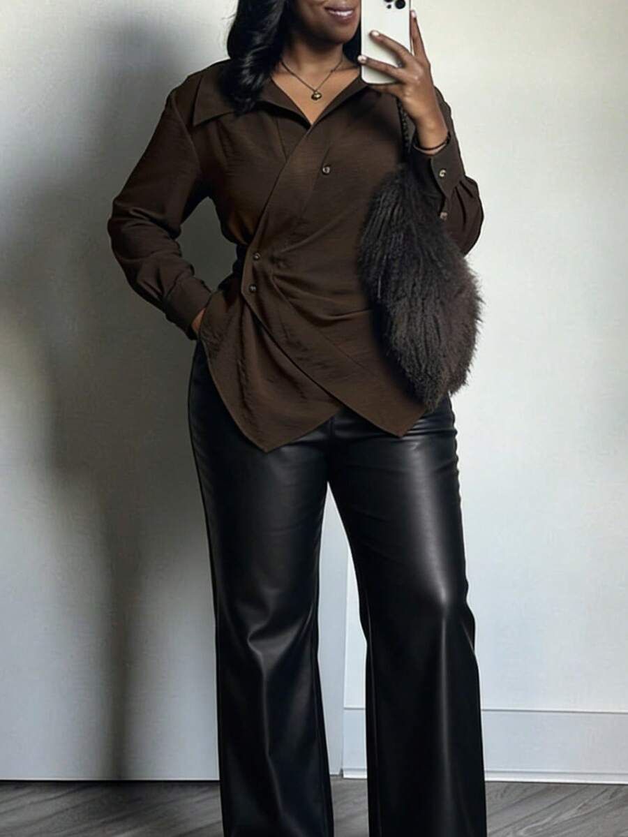 Veslaya 2025 Autumn/Winter Plus Size Women's Dress, Elegant Lace Patchwork Deep V-Neck Ruched Waist Semi-Sheer Blouse, Suitable For Country Music Concert, Wedding Guest, Date Night, Formal Party - Red Violet - View 1