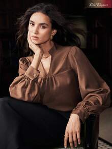 Uhlyne Uhlyne Women's V-Neck Lantern Sleeve Loose Blouse, Spring/Autumn - Brown - View 1