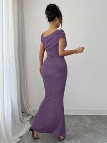 Modelyn Metallic Buckle Decor Ruched Fitted Elegant Long Dress For Women - Purple - View 6
