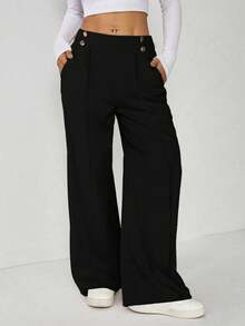 SHEIN EZwear Plus Size Women Metal Double Button Straight Leg Casual Office Pants, Autumn/Winter - Black - View 1
